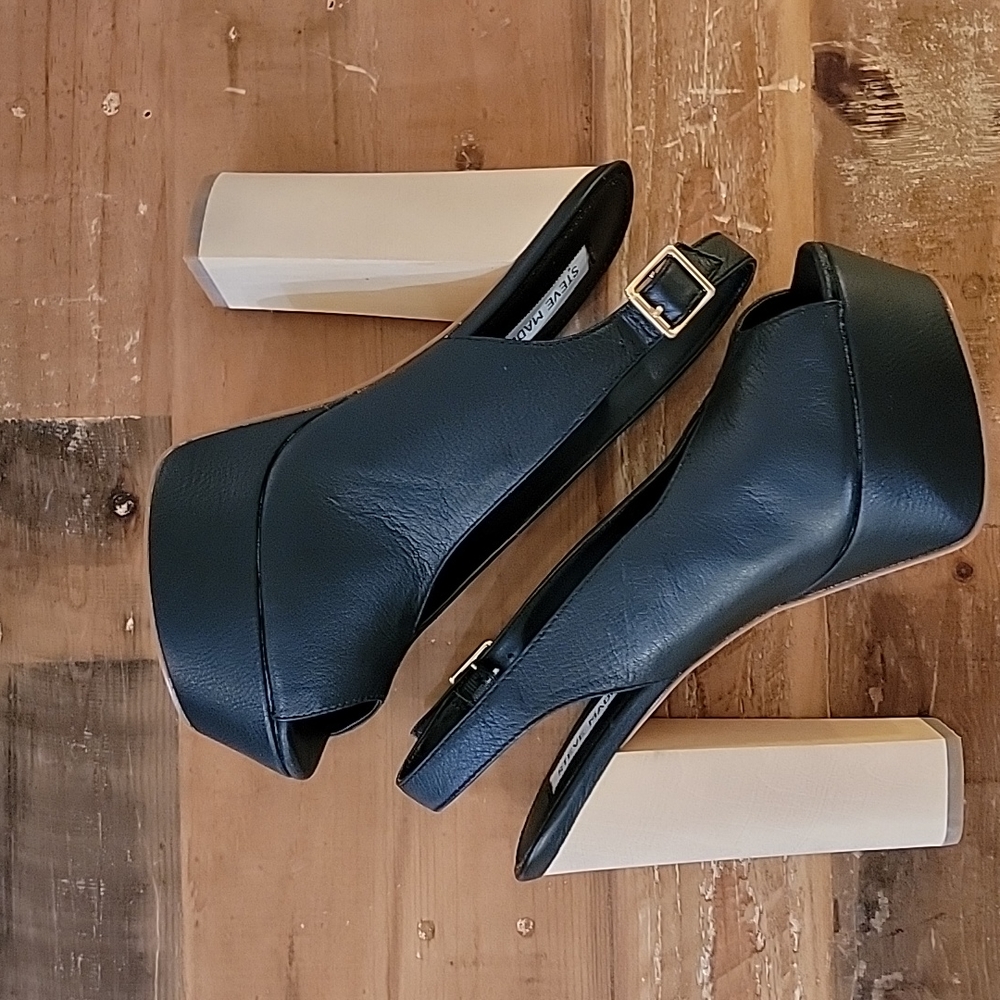 NWB Steve Madden Black Leather Peep-toe Platform Block Heels Size:9